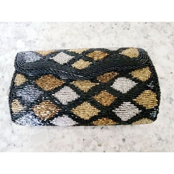 Vintage Gold Black & Copper Hand‎ Beaded Clutch Purse With Strap 8x4 Unused